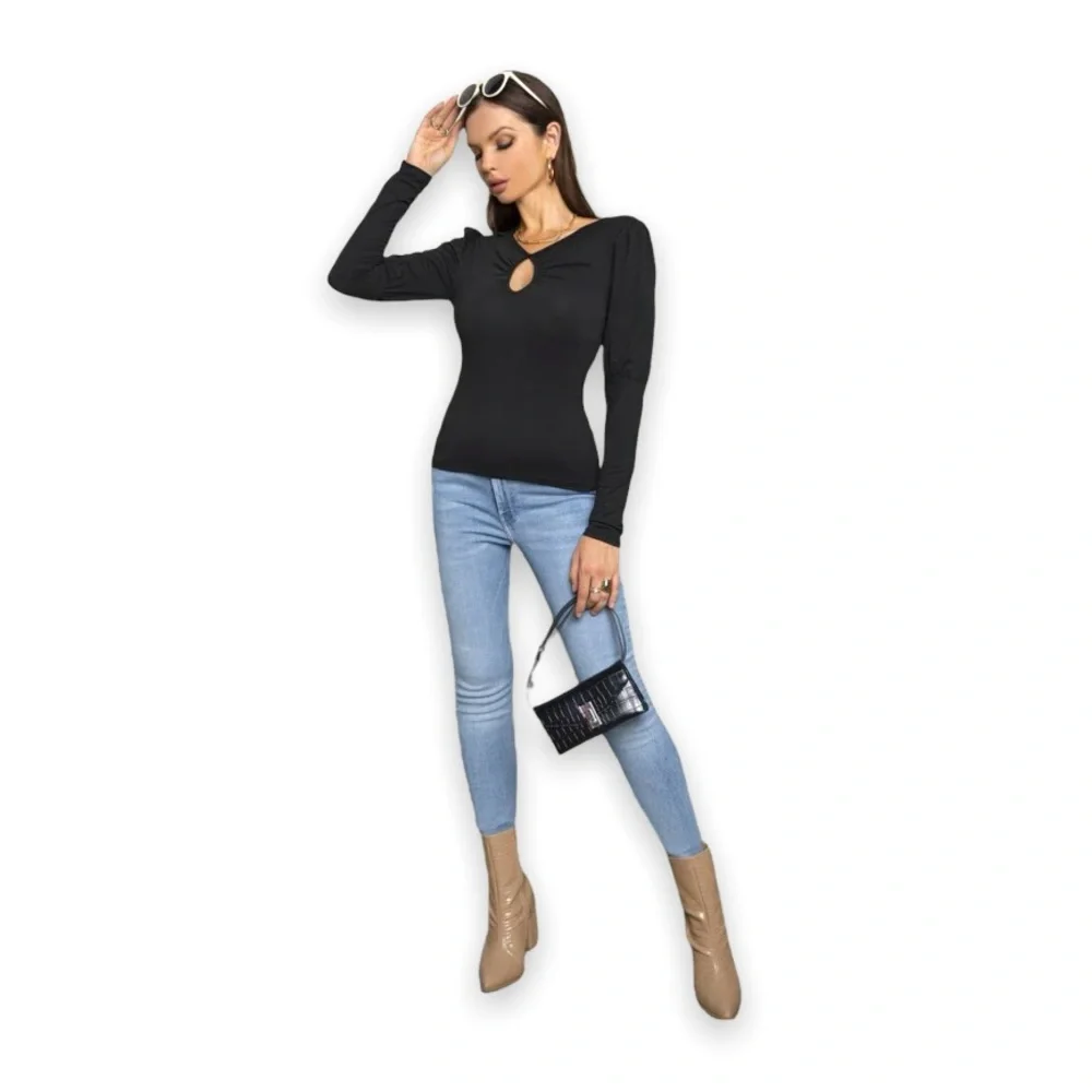 New Boho Solid Black Cutout Ruched Exaggerated Puff Sleeve Blouse Fitted Tee - Picture 9 of 9